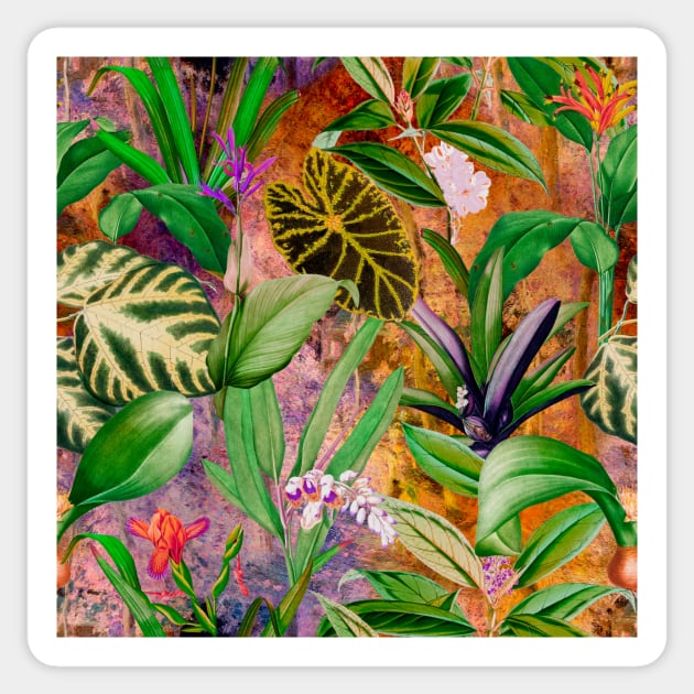 Stylish Tropical floral leaves and foliage botanical illustration, botanical pattern, tropical plants, orange yellow leaves pattern over a Sticker by Zeinab taha